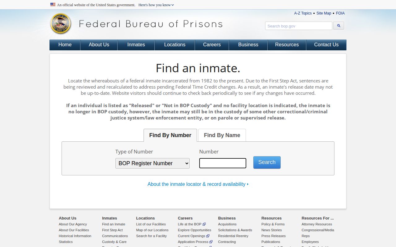 Federal Bureau of Prisons Inmate Locator showing a historical release search route