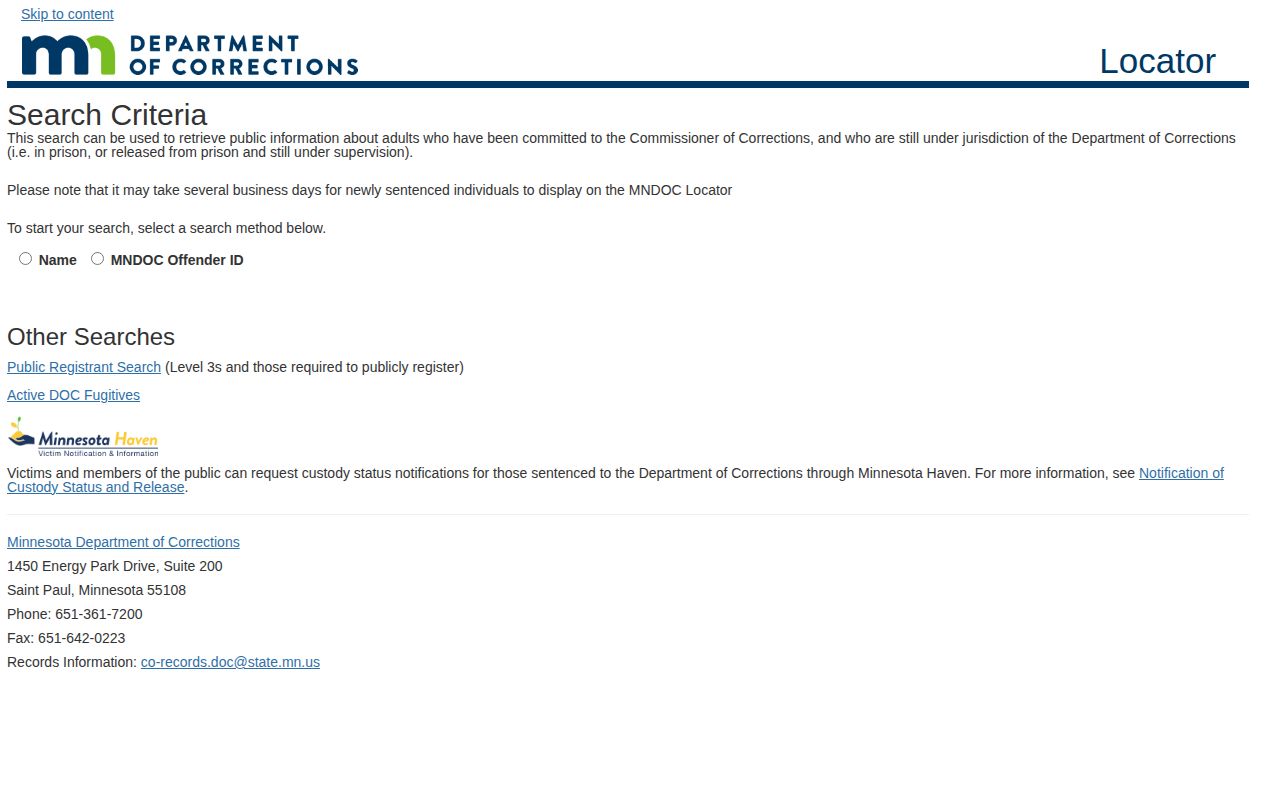 Minnesota DOC Public Viewer search screen for custody and supervision records